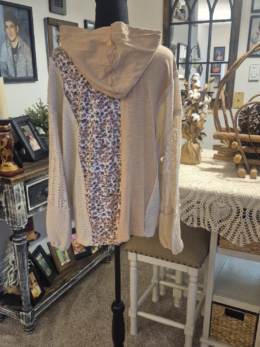 BiBi Beige Patchwork Hooded Top with Floral Panel - Picture 9 of 13